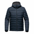A puffer jacket named ST013 by Stormtech, in black with a hood and front zipper, displayed against a white background.