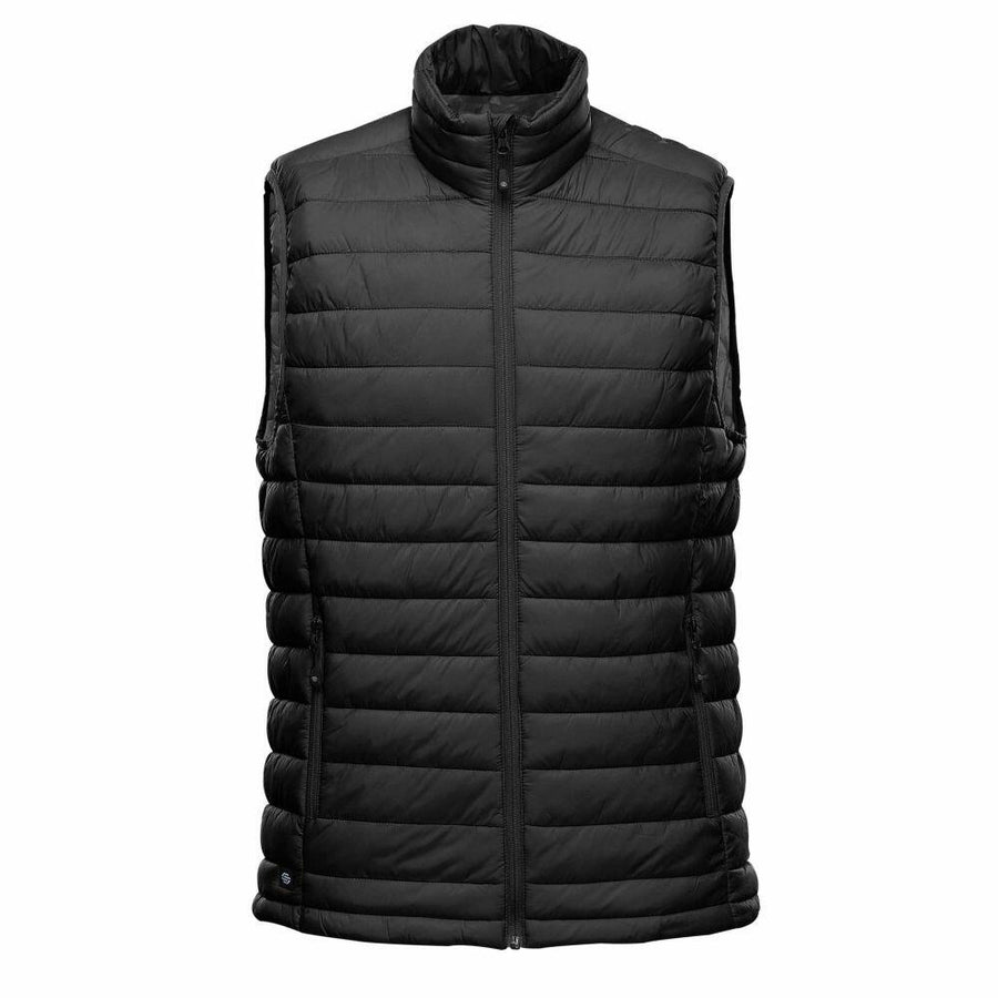 Stormtech's ST015 quilted puffer vest features a sleek black design with a high collar and front zipper.
