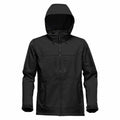 Stormtech's ST017 black hooded softshell jacket features a front zipper, four pockets, and adjustable cuffs.