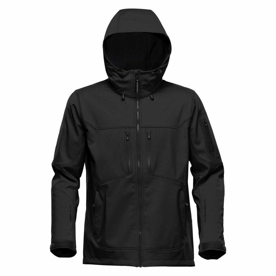 Stormtech's ST017 black hooded softshell jacket features a front zipper, four pockets, and adjustable cuffs.