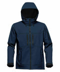 A navy blue Stormtech ST017 with front zippers and multiple pockets, including chest and sleeve pockets. The jacket is designed with a modern fit and features drawstrings on the hood.