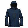 The Stormtech ST017 is a hooded softshell jacket in navy blue, featuring a front zipper and two zippered chest pockets.