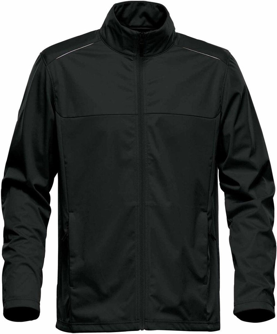 Introducing the Stormtech ST075: a stylish black zip-up jacket featuring long sleeves and a stand-up collar, showcased against a crisp white background.