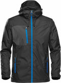 Stormtech's ST079 jacket, featuring a black hood with blue zippers and pockets.