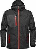 The Stormtech ST079 is a black waterproof jacket featuring a hood, red zipper accents, two side pockets, and a chest pocket.