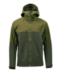The Softshells jacket features a two-tone green design, hood, full front zip, high collar, long sleeves, two zipped side pockets, and a zipped pocket on the upper left sleeve.