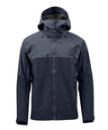 The Softshells jacket is a dark blue, weather-resistant hooded jacket featuring a front zip, two zipped side pockets, one zipped left sleeve pocket, and adjustable hood drawstrings for a sleek look.