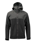 The Softshells is a black hooded jacket featuring a front zip, two zipped side pockets, a small zip pocket on the upper left sleeve, long sleeves, and a high collar.