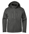 The Softshells jacket is dark grey with a hood, front zip, two vertical zipped chest pockets, two zipped hand pockets, adjustable wrist cuffs, and a high collar.