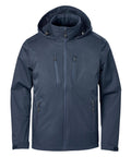 The Softshells jacket is dark blue with a hood, front zip, two zipped chest pockets, two zipped side pockets, a high collar, and adjustable hood and cuffs.