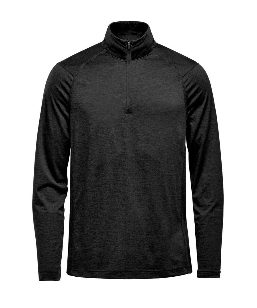 The Sports Overtops is a black, long-sleeve quarter-zip pullover with a stand-up collar, made from lightweight athletic fabric and displayed on a plain white background.