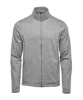 The Baselayers jacket is a plain, light grey full-zip with a high collar, long sleeves, two side zippered pockets, and a fitted design without visible logos or patterns.