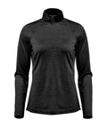 The Stormtech Women's Milano 1/4-zip pullover is a black, fitted long-sleeve with raglan sleeves and a high collar, shown on a plain white background.