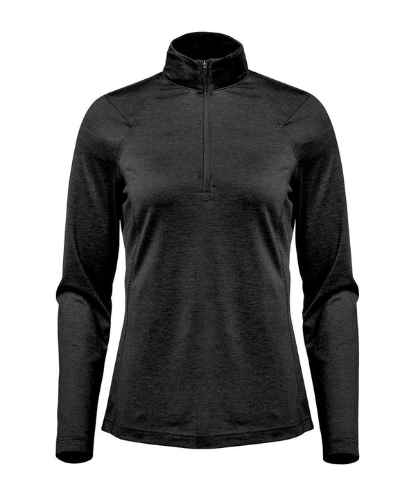 The Stormtech Women's Milano 1/4-zip pullover is a black, fitted long-sleeve with raglan sleeves and a high collar, shown on a plain white background.