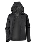 A black Jackets rain jacket with a hood, full front zip, chest pocket, and adjustable cuffs is displayed open on a plain white background to reveal the inner lining.