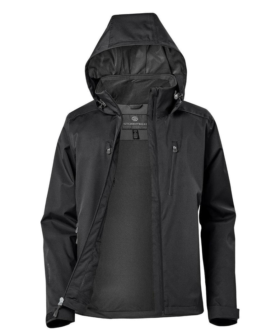 A black Jackets rain jacket with a hood, full front zip, chest pocket, and adjustable cuffs is displayed open on a plain white background to reveal the inner lining.