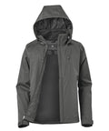 The Jackets product is displayed in dark grey with a hood, long sleeves, and adjustable hood and cuffs. It features zipped pockets, a waterproof exterior, and an unzipped front showing the mesh lining inside.