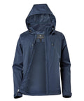 A navy blue Jackets waterproof hooded jacket is shown on a white background, front partially unzipped to reveal its mesh lining and the brand label inside the collar.
