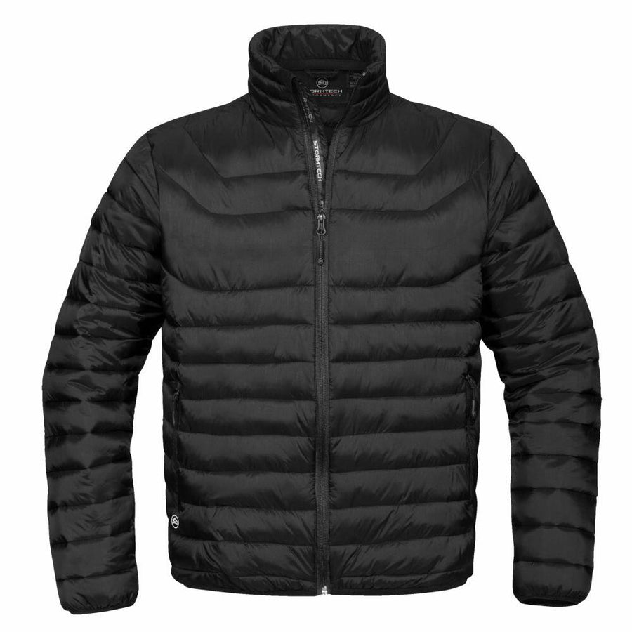 The Stormtech ST143 is a black puffer jacket with a front zipper and stand-up collar, featuring horizontal quilted stitching.