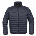 The ST143 jacket by Stormtech features a dark gray, puffy, quilted design with a high collar and a front zipper.