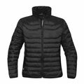 Stormtech's ST144 black puffer jacket features a front zipper and two side pockets, displayed on a white background.