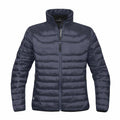 Displayed against a white background is the ST144 jacket from Stormtech, featuring a dark gray color, puffy design, high collar, and front zipper.