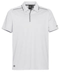 The Stormtech ST153 is a plain white polo shirt featuring black trim on the shoulders and collar. It comes with short sleeves and a three-button placket.