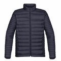 The ST154 by Stormtech is a black puffer jacket featuring horizontal quilting, long sleeves, and a front zipper.