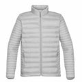 The Stormtech ST154 is a light gray quilted puffer jacket with a high collar and front zipper, featuring two side zipper pockets.