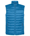 Stormtech ST158 blue puffer vest featuring a front zipper and two zippered side pockets.