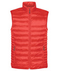 The Stormtech ST158 is a bright red, sleeveless puffer vest featuring a front zipper, two side pockets, a quilted design, and a high collar.