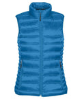 The Stormtech ST159 is a blue, quilted puffer vest featuring a high collar and front zipper closure.