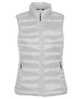 Introducing the Stormtech ST159, a sleeveless silver puffer vest designed with a high collar and front zipper. This stylish and functional vest features two zippered pockets and horizontal quilting.