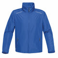 The ST166 by Stormtech is a blue zip-up jacket with a high collar and long sleeves, featuring zippered pockets on each side.