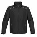 Stormtech's ST166 is a black zip-up jacket featuring a high collar and reflective accents on the shoulders. It is designed with zippered pockets and long sleeves for added functionality and style.