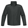 The ST166 by Stormtech is a dark green windbreaker jacket with a high collar and zippered front, featuring two zippered pockets and subtle reflective striping on the shoulders.