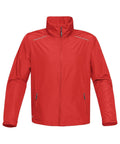 Product ST166 by Stormtech is a bright red windbreaker jacket featuring a high collar, full front zipper, and zipped side pockets. The lightweight fabric makes it ideal for outdoor activities.