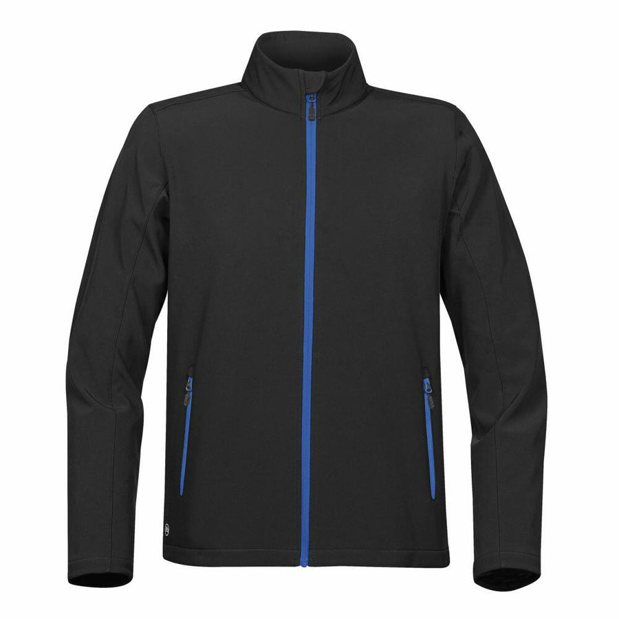 Stormtech's ST171 features a black jacket designed with a blue zip and blue accents on the pockets, showcased against a white background.