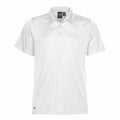 Introducing the Stormtech ST172: a classic white polo shirt featuring short sleeves and a collar, complemented by three buttons on the front and adorned with a small logo near the bottom hem on the right side.