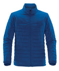 The Stormtech ST175 is a quilted puffer jacket in blue, featuring a front zipper and a high collar.