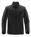 The ST175 jacket by Stormtech features a black quilted design with a front zipper, standing collar, long sleeves, and horizontal stitching.