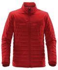Introducing the ST175 from Stormtech: a vibrant red quilted jacket featuring a front zipper and high collar. This stylish jacket has horizontal stitching and boasts a smooth, fitted design that's perfect for cold weather.