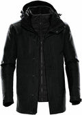 A Stormtech ST176 winter jacket in black, featuring a detachable hood and multiple zippers, displayed against a white background.