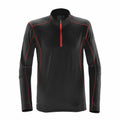 The ST177 by Stormtech is a black long-sleeve pullover featuring red stitching and a half-zip front.
