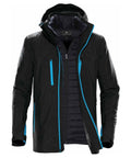 A jacket from Stormtech, model ST179, in black with blue zippers and accents, featuring a hood and multiple front pockets.