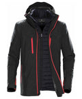 The ST179, a Stormtech product, is a black and red insulated jacket featuring a hood and multiple zippered pockets.