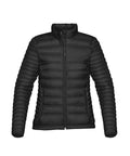A black Jackets puffer, featuring a quilted design, front zip, two side pockets, high collar, and horizontal stitching, displayed against a white background.