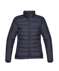 The Jackets product is a black, quilted puffer jacket with a stand collar, long sleeves, front zip fastening, and two zipped side pockets.