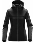 Stormtech's ST189 jacket in black, featuring a hood, front zipper, and side pockets.