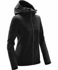 A Stormtech ST189 black hooded jacket with a front zipper, two side pockets, and long sleeves.
